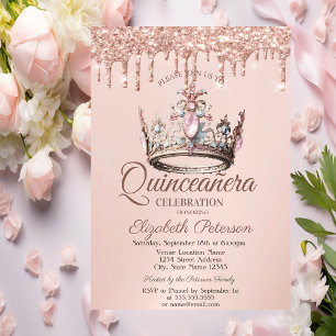 Prinsesskrona Slott Rosa Guld Dropar Quinceañera Inbjudningar