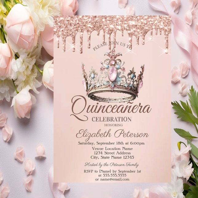 Prinsesskrona Slott Rosa Guld Dropar Quinceañera Inbjudningar (Skapare uppladdad)