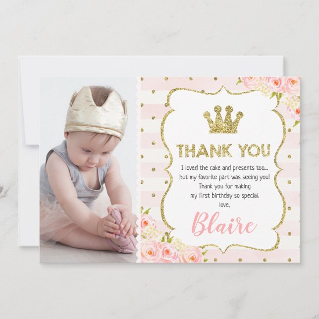 Prinsesskrona till flicka 1-års födelsedag tackkor inbjudningar (Framsida)