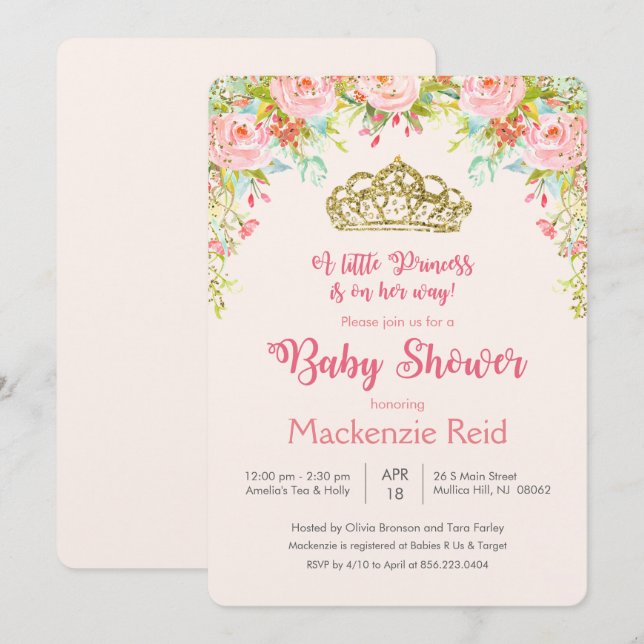 Prinsesslig Blommig Bebis Babyshower Inbjudan (Fram/baksida)