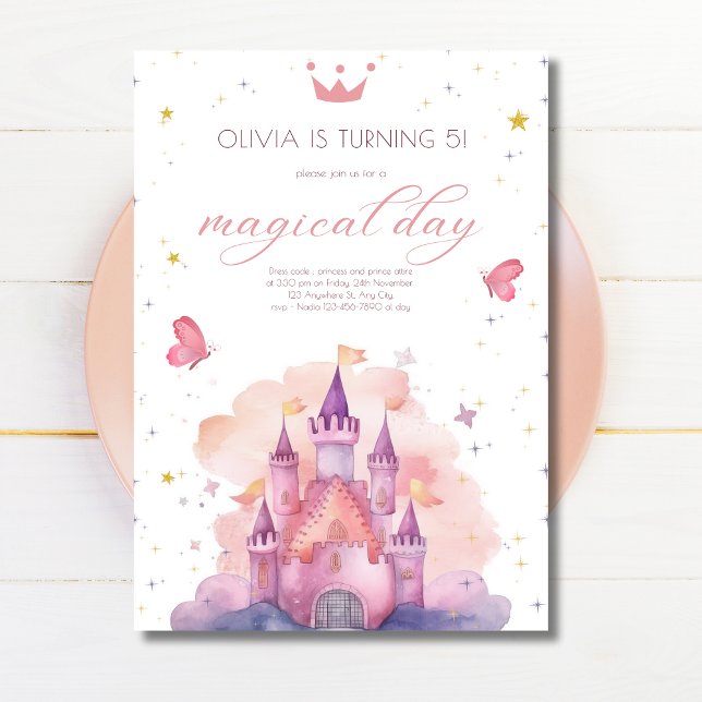 Prinsesslig födelsedag Magisk dag Rosa Slott Inbjudningar (Skapare uppladdad)