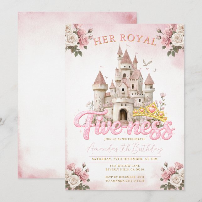 Prinsesslott 5-årsdag Femhet Kunglig  Inbjudningar (Fram/baksida)