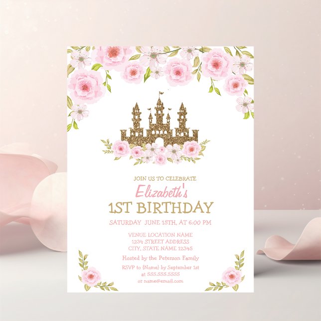 Prinsesslott,Blommor,Randig födelsedag Inbjudningar (Skapare uppladdad)