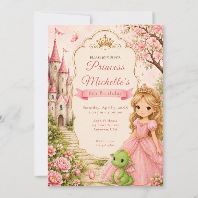 Prinsesslott Drakfödelsedagsfest Inbjudningar (Framsida)
