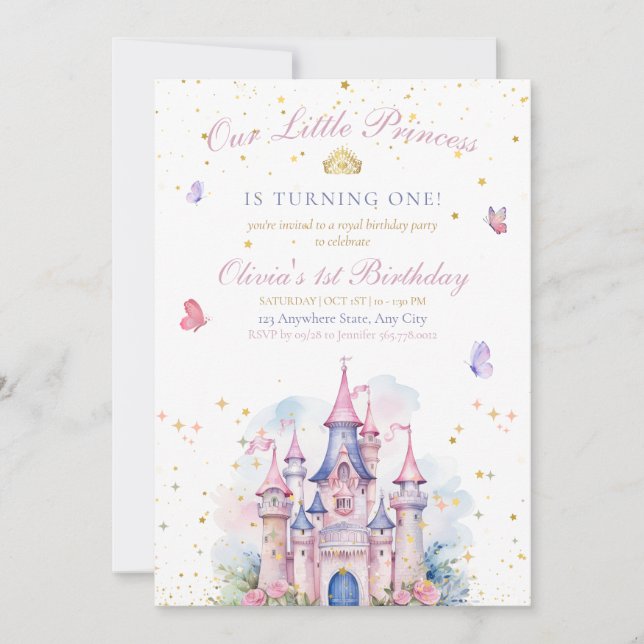 Prinsesslott Flickas 1-årsdag Rosa Kunglig Fest Spara Datumet (Framsida)