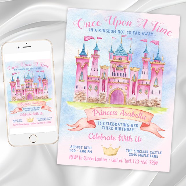 Prinsesslott Födelsedagsfest för prinsessor Inbjudningar (Princess Castle Any Number Princess Birthday Party Invitation. Download and printed invitations.)