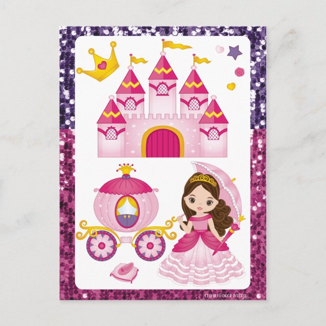 Prinsesslott Guld Krona Rosa Lila Paillett Vykort (Framsida)