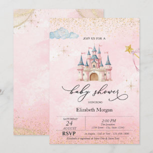 Prinsesslott Guldstoft Rosa Baby Shower Inbjudningar