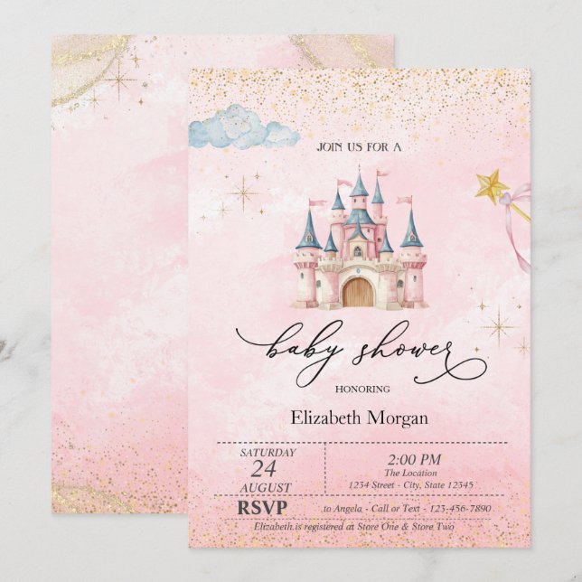 Prinsesslott Guldstoft Rosa Baby Shower Inbjudningar (Fram/baksida)