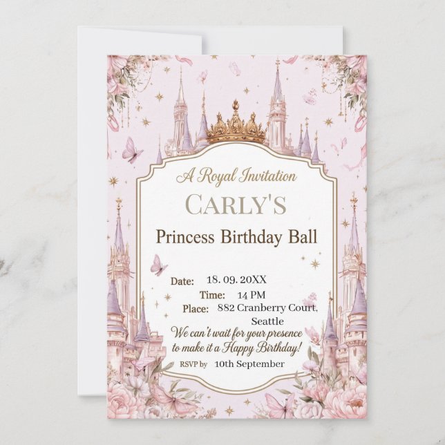 Prinsesslott Tema Kunglig Födelsedagsbal Inbjudningar (Framsida)