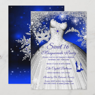 Prinsessmaskerad Sweet 16 Royalblå Silver Inbjudningar