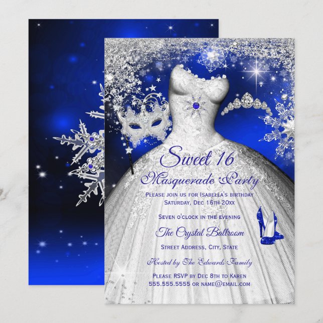 Prinsessmaskerad Sweet 16 Royalblå Silver Inbjudningar (Fram/baksida)