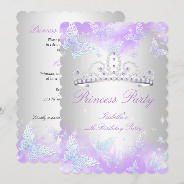 Prinsessparty Lila Turkos Blå Tiara Fjäril Inbjudningar (Fram/baksida)
