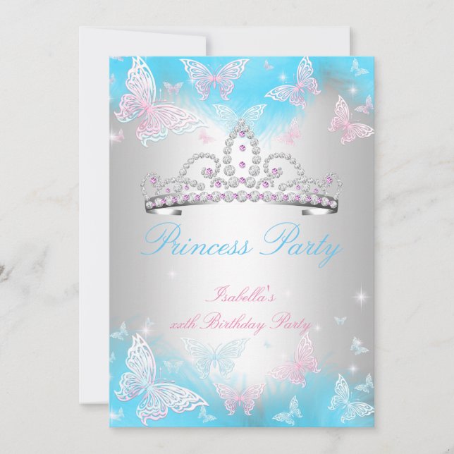Prinsessparty Turkos Tiara Rosa Fjäril 2 Inbjudningar (Framsida)