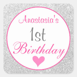 Prinsessrosa & Silver glitter 1-årsdag Fyrkantigt Klistermärke