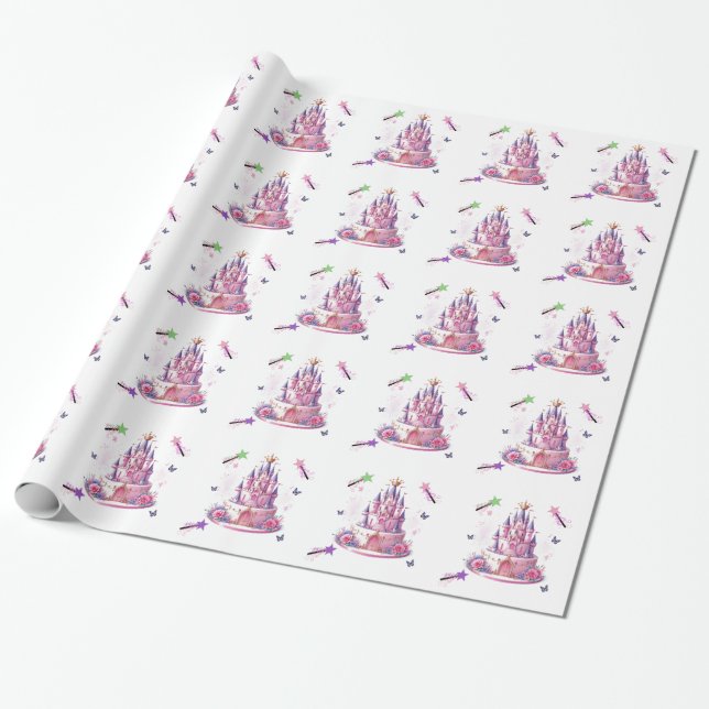 Prinsessslottstårta och magiska stavar presentpapper (Utrullad)