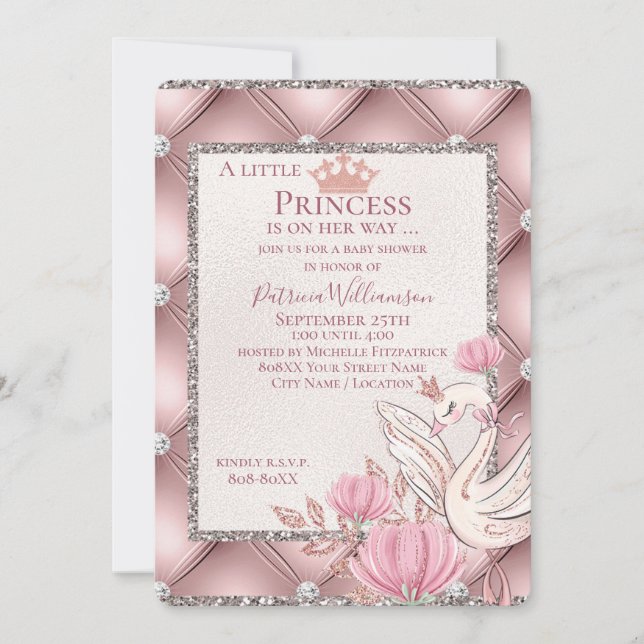 Prinsesssvan på Glamorös Rosa med Diamanter Inbjudningar (Framsida)