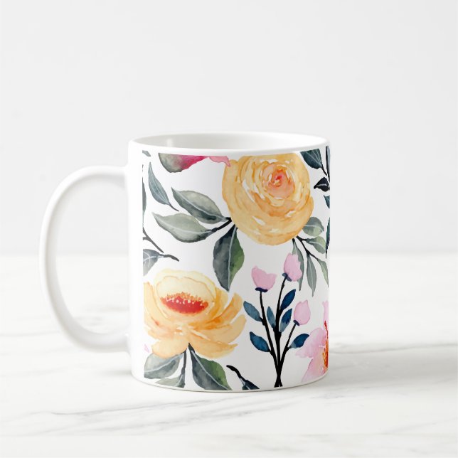 Print of a hand painting of mixed flowers & Foliag Kaffemugg (Vänster)