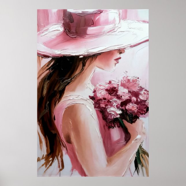Print,Romantic Woman with Flowers – Soft Pink Impr Poster (Framsidan)