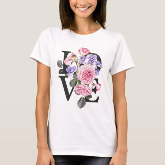 print with the phrase love decorated with flowers t shirt