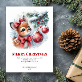 Printable Baby Fawn Christmas Scene Watercolor Julkort