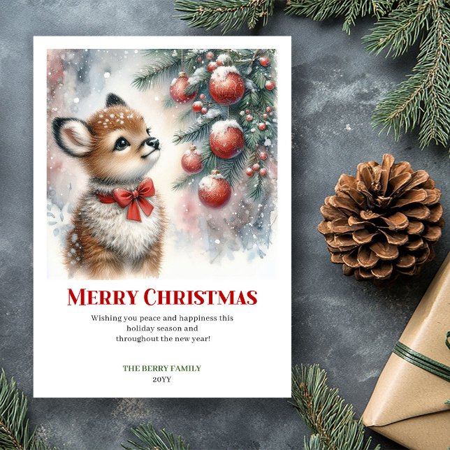 Printable Baby Fawn Christmas Scene Watercolor  Julkort (Printable Baby Fawn Christmas Scene Watercolor Greeting Card

)