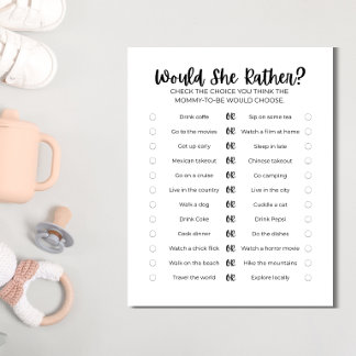 Printable Baby Shower Game: Would She Rather?  Brevhuvud