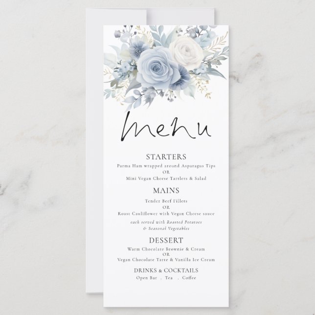 Printable Dusty Blue FloralsWedding Thank You Menu Kort (Framsida)