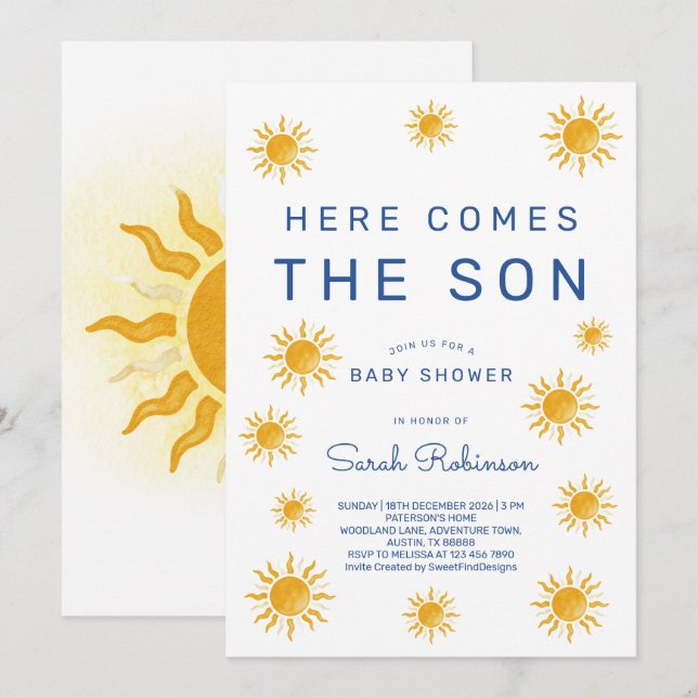 Printable Here Comes The Son Baby Shower Inbjudningar (Fram/baksida)