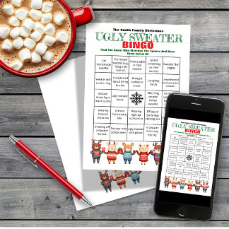 Printable jul Bingo-Ugly Sweater Party Game Inbjudningar