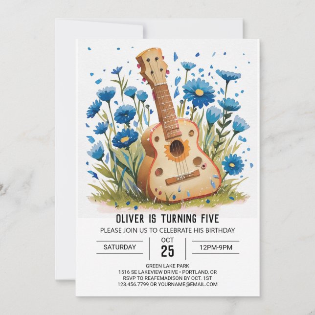 Printable Kids' Guitar Boy Birthday Inbjudningar (Framsida)