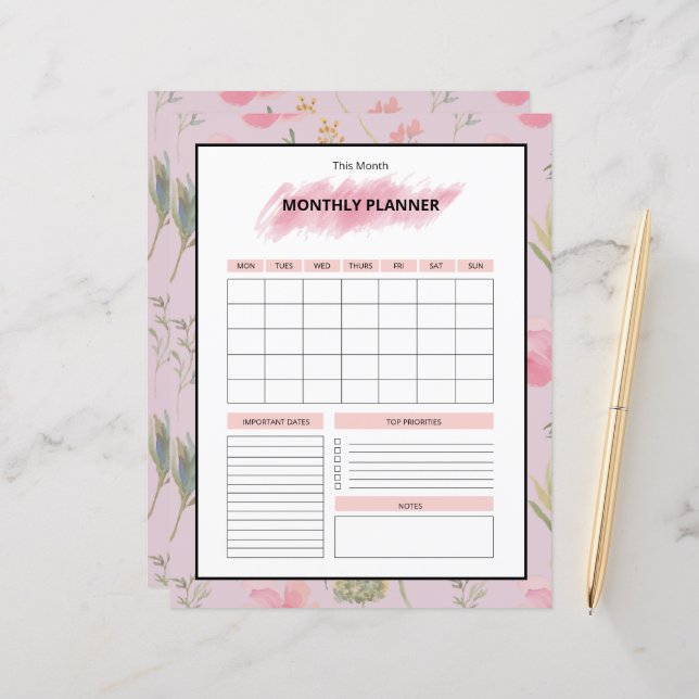 Printable Monthly Planner Template (Fram/Back In Situ)