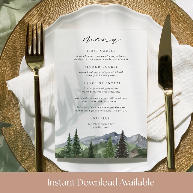 Printable Mountain Forest Wedding Menu Card Inbjudningar (Skapare uppladdad)
