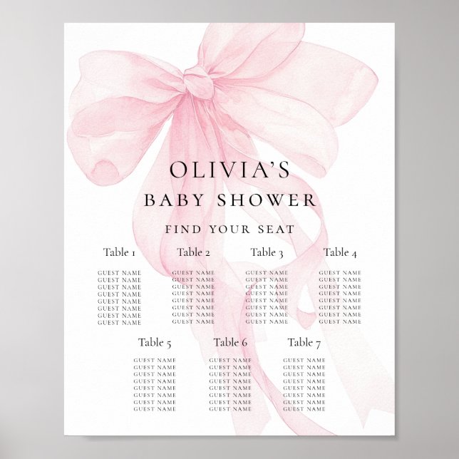 Printable Pink Bow Baby Shower Seating Chart Poster (Framsidan)