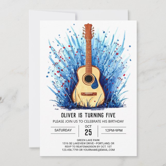 Printable Simple Guitar Boy Birthday Inbjudningar (Framsida)