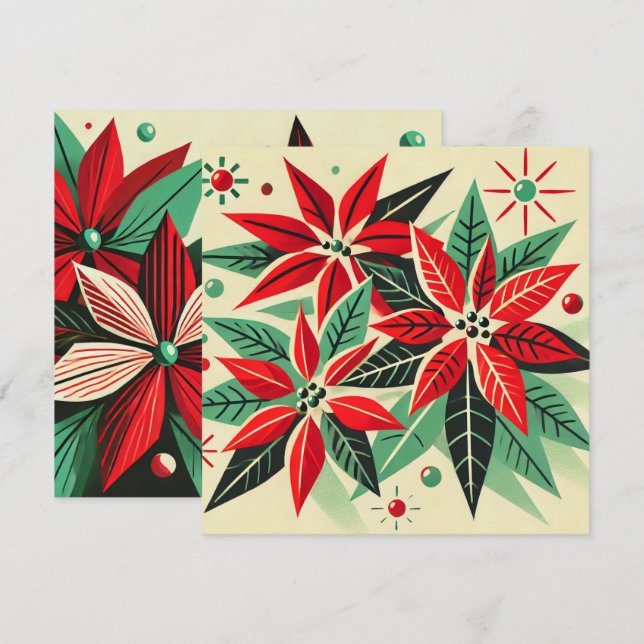 Printable Vintage jul 50s Pop Art Poinsettia Inbjudningar (Fram/baksida)