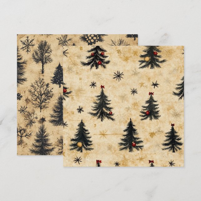 Printable Vintage jul Evergreen Gräs Träd Inbjudningar (Fram/baksida)
