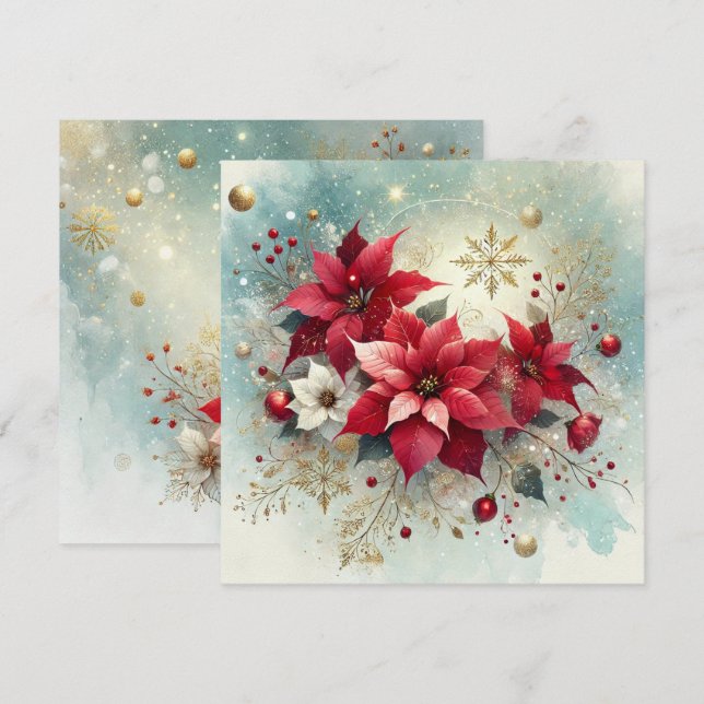 Printable Whimsical Snowy Poinsettia jul Inbjudningar (Fram/baksida)