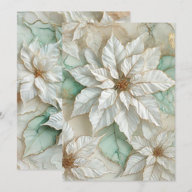 Printable White och Mint Alcohol Bläck Poinsettia Inbjudningar (Fram/baksida)