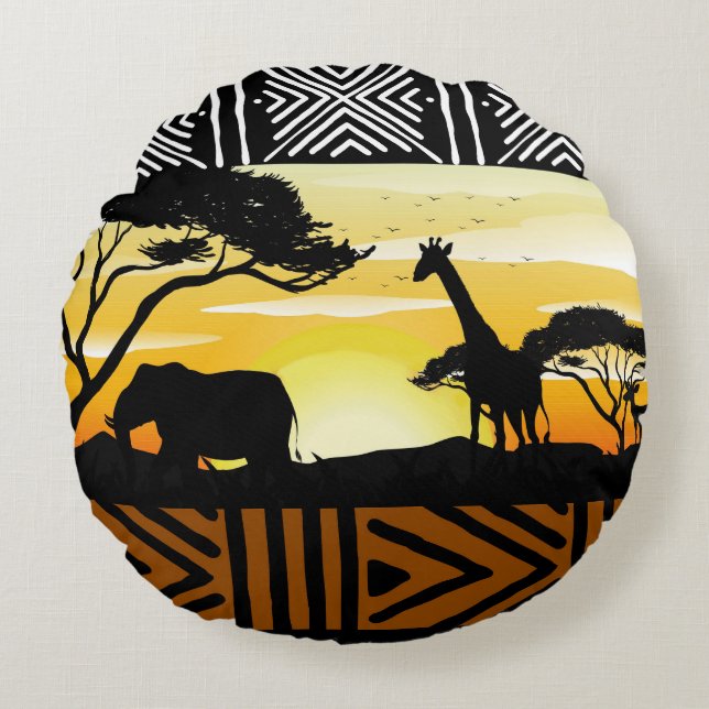 Printed African Safari Scene Round Pillow Rund Kudde (Framsidan)