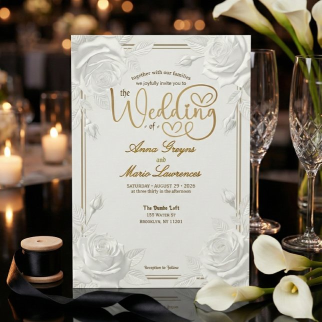 Printed Embossed White Rose Faux Gold Wedding  Inbjudningar (Skapare uppladdad)