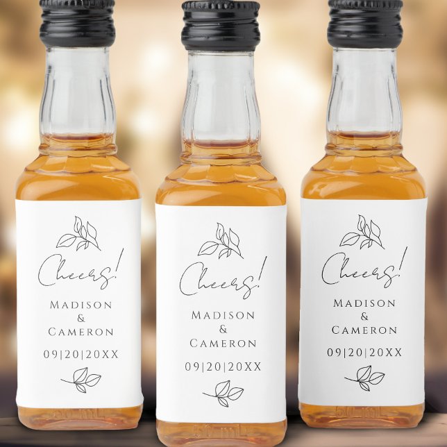 Prioritet för Cheers Elegant bröllop Black & White Spritflaskor Etikett (Cheers Elegant Wedding Black & White Leaves Favor Liquor Bottle Label)