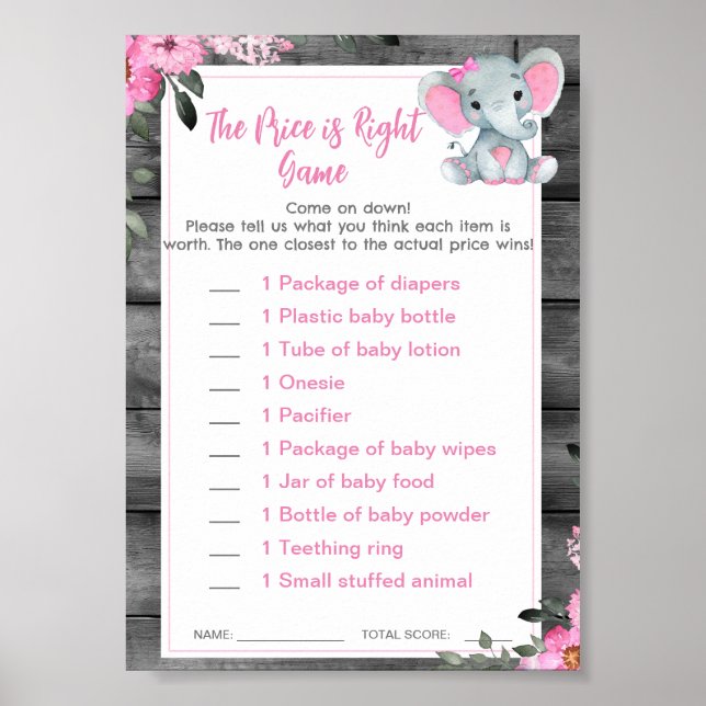 Pris är Höger Baby Shower Game Elephant Rosa Poster (Framsidan)