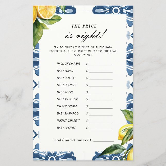 Pris är Höger Lemon Positano Baby Shower-spel (Framsida)