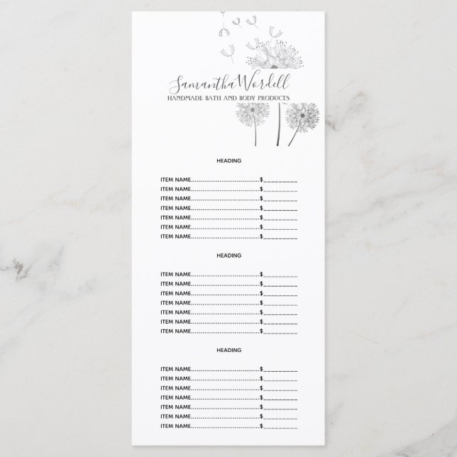 Pris förteckning över handgjorda badkarosseriprodu meny (Framsida)