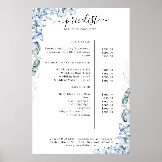 Pris lista över blåeukalyptus salon Poster (Framsidan)