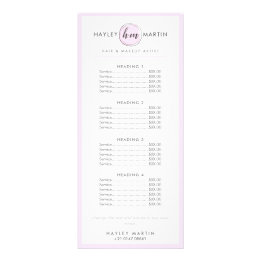 Pris lista över makeup Artist Beauty Salon Elegant Reklamkort