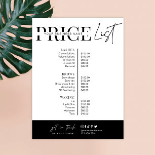Pris lista över minimalistskript, svart vit salong