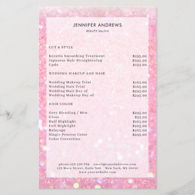 Pris lista över modern Rosa Glitter Salon  Flygblad (Framsidan)