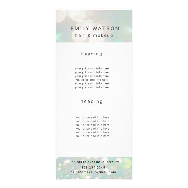 pris lista över salonbokeh-pastel-gnistra reklamkort (Framsidan)